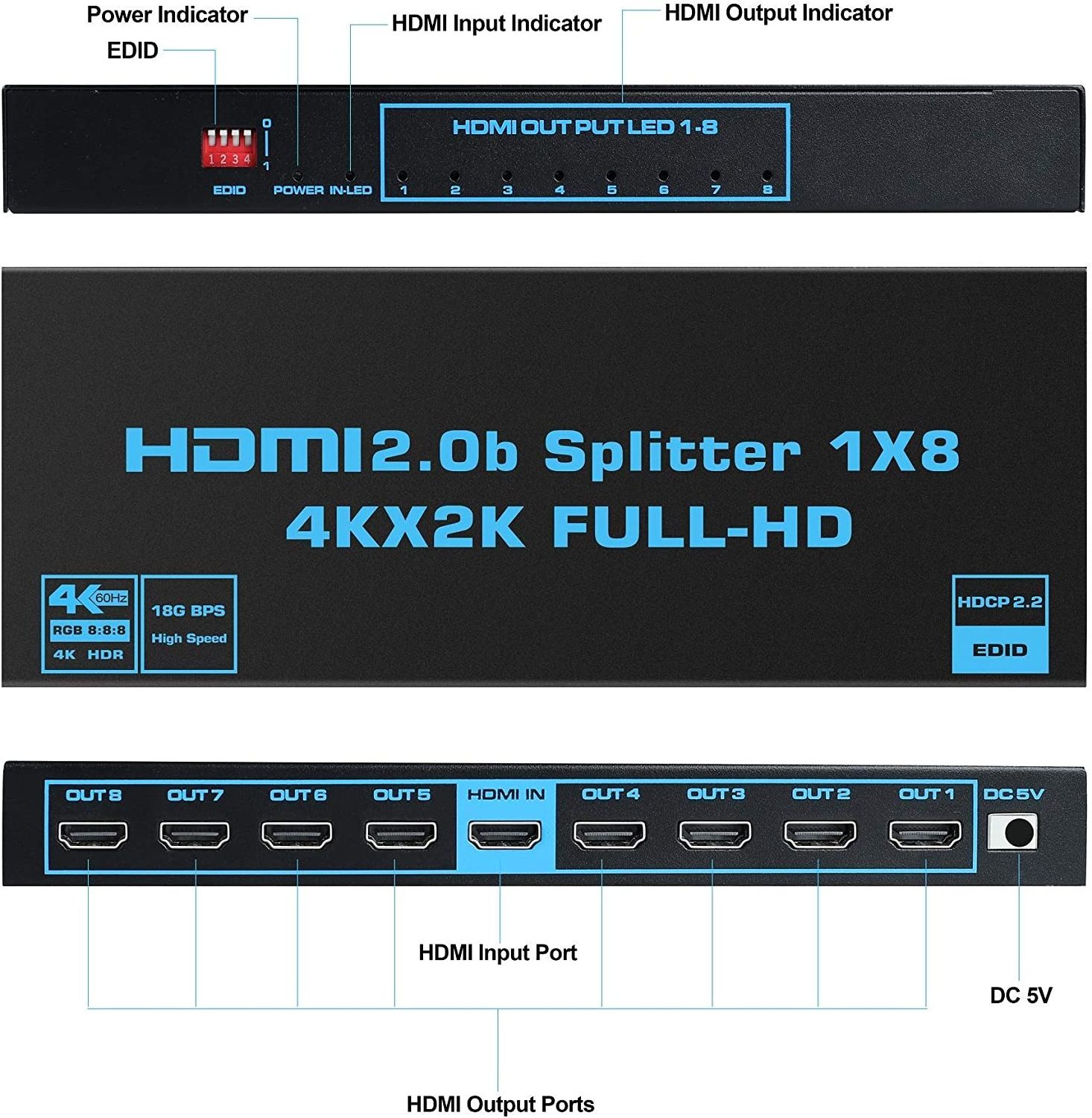 4K Full-HD HDMI 2.0 splitter 1x8 4Kx2K@60Hz HDMI Splitter 8port 1 in 8 out with Scalar HDCP 2.2 HDR for HDTV Splitter HDMI