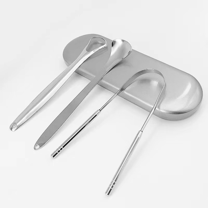 Reusable Oral Cleaning Tongue Scraper Set Surgical Grade Customized Logo Stainless Steel Tongue Scraper for Adults