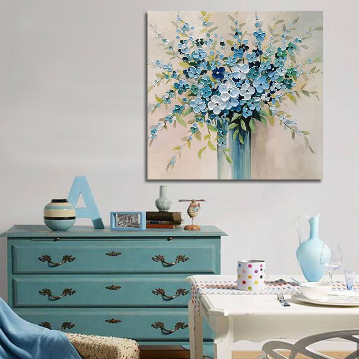 Original Art Blue Flowers Paintings Beautiful Flowers Canvas Oil Painting For Living Room Office Home Decor