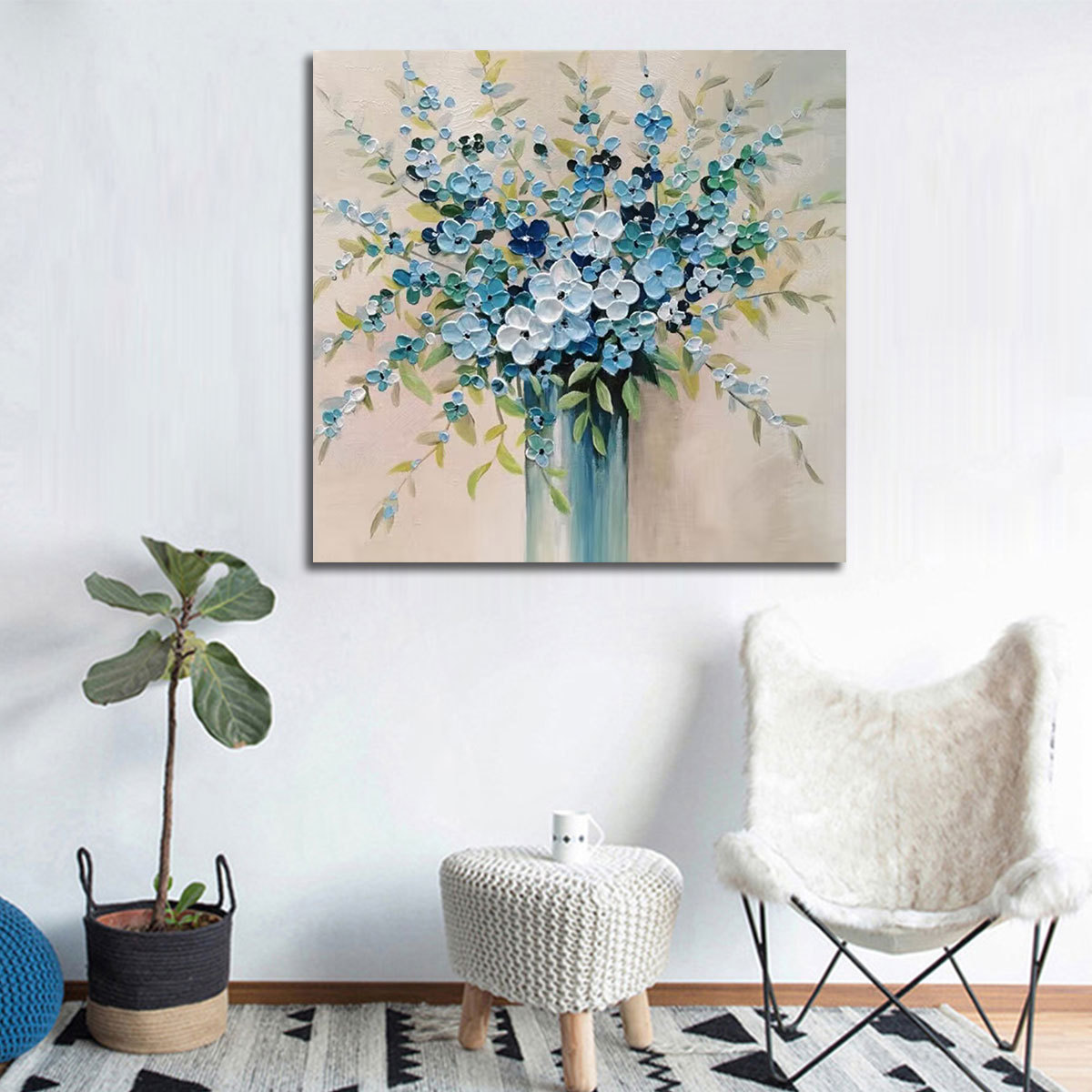 Original Art Blue Flowers Paintings Beautiful Flowers Canvas Oil Painting For Living Room Office Home Decor