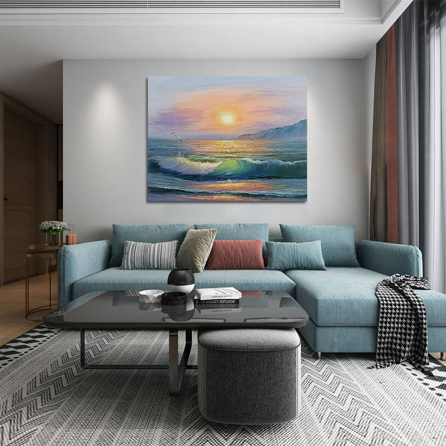 Original Art Hot Sale Modern 100% Hand-Painted Canvas Art Decor Sea Wave and Sunrise Scenery Natural Wall Decor for Home Hanging