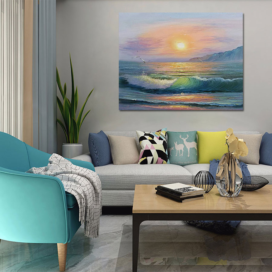 Original Art Hot Sale Modern 100% Hand-Painted Canvas Art Decor Sea Wave and Sunrise Scenery Natural Wall Decor for Home Hanging