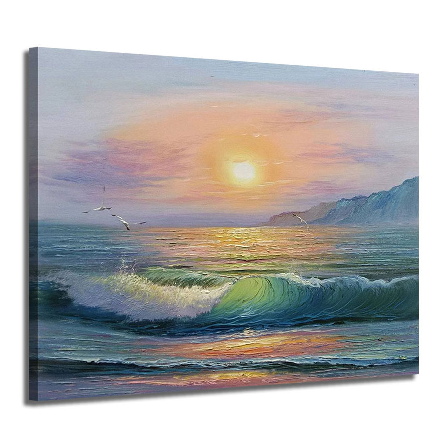 Original Art Hot Sale Modern 100% Hand-Painted Canvas Art Decor Sea Wave and Sunrise Scenery Natural Wall Decor for Home Hanging