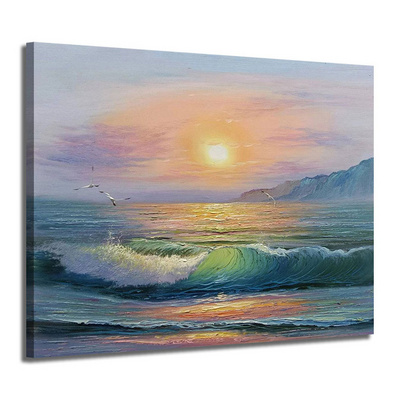 Original Art Hot Sale Modern 100% Hand-Painted Canvas Art Decor Sea Wave and Sunrise Scenery Natural Wall Decor for Home Hanging