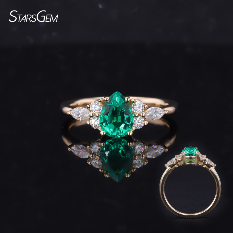 Fine Jewelry Pear Shape Lab Colombian Emerald Gemstone With Moissanite Halo 14K Solid Gold Engagement Ring