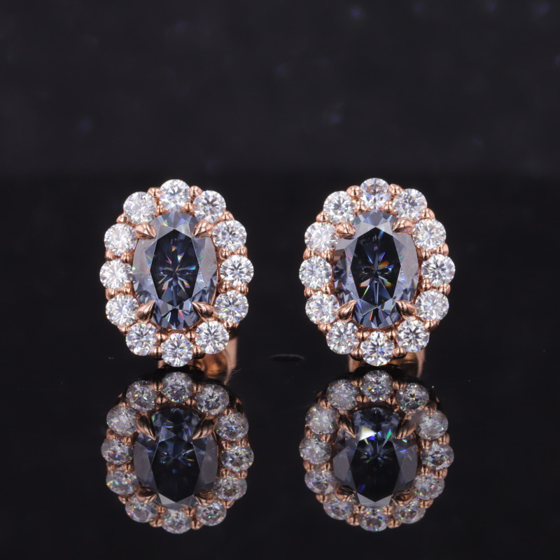 Starsgem Blue Grey Colored Moissanite Stud Earrings 9K  Rose Gold 1CT Oval Cut Diamond Earrings