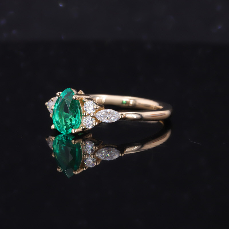 Fine Jewelry Pear Shape Lab Colombian Emerald Gemstone With Moissanite Halo 14K Solid Gold Engagement Ring