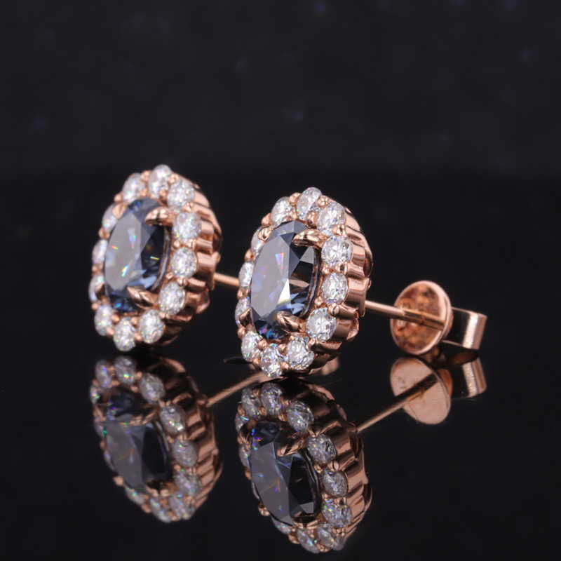 Starsgem Blue Grey Colored Moissanite Stud Earrings 9K  Rose Gold 1CT Oval Cut Diamond Earrings