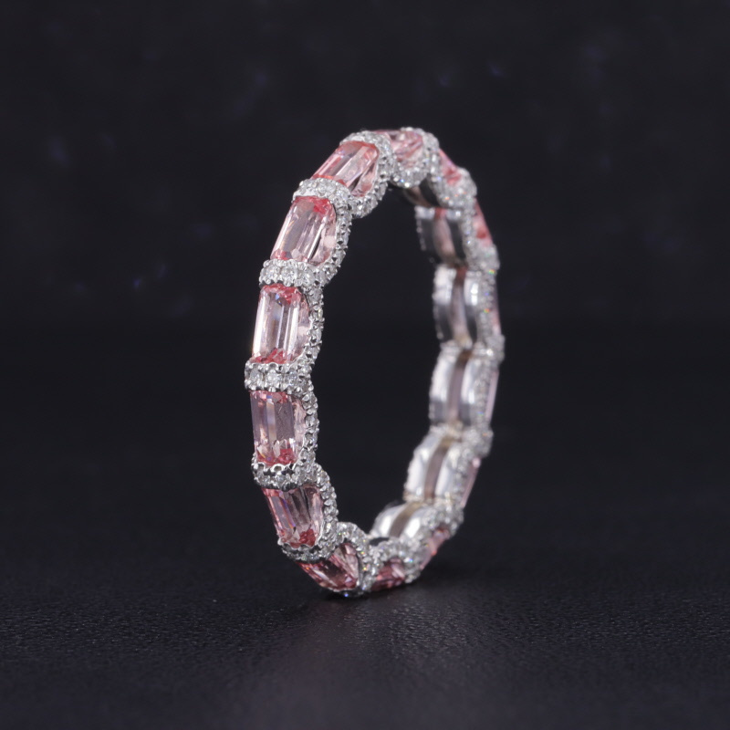 Starsgem 2*4mm Baguette Step Cut Colors Lab Sakura Pink Sapphire Gemstones 14K Gold Diamond Eternity Ring