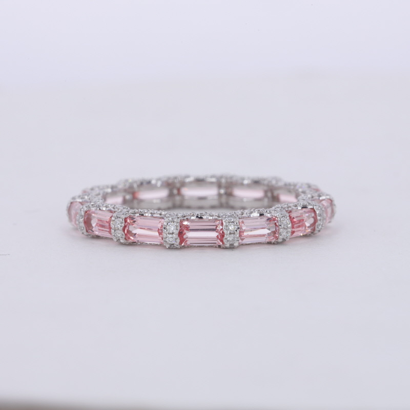 Starsgem 2*4mm Baguette Step Cut Colors Lab Sakura Pink Sapphire Gemstones 14K Gold Diamond Eternity Ring