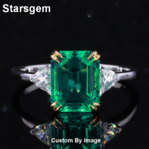 Starsgem 18K Yellow& White Gold Hydrothermal Emerald 8*10mm Engagement Ring with DEF Moissanite Side Stone