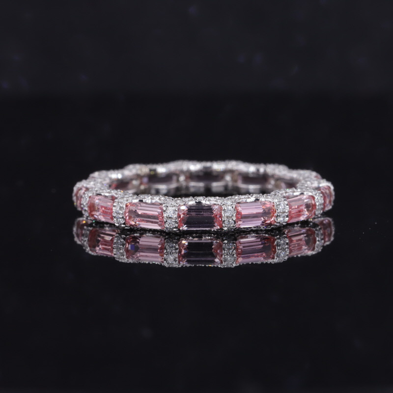 Starsgem 2*4mm Baguette Step Cut Colors Lab Sakura Pink Sapphire Gemstones 14K Gold Diamond Eternity Ring