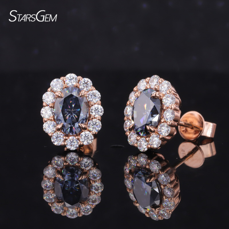 Starsgem Blue Grey Colored Moissanite Stud Earrings 9K  Rose Gold 1CT Oval Cut Diamond Earrings