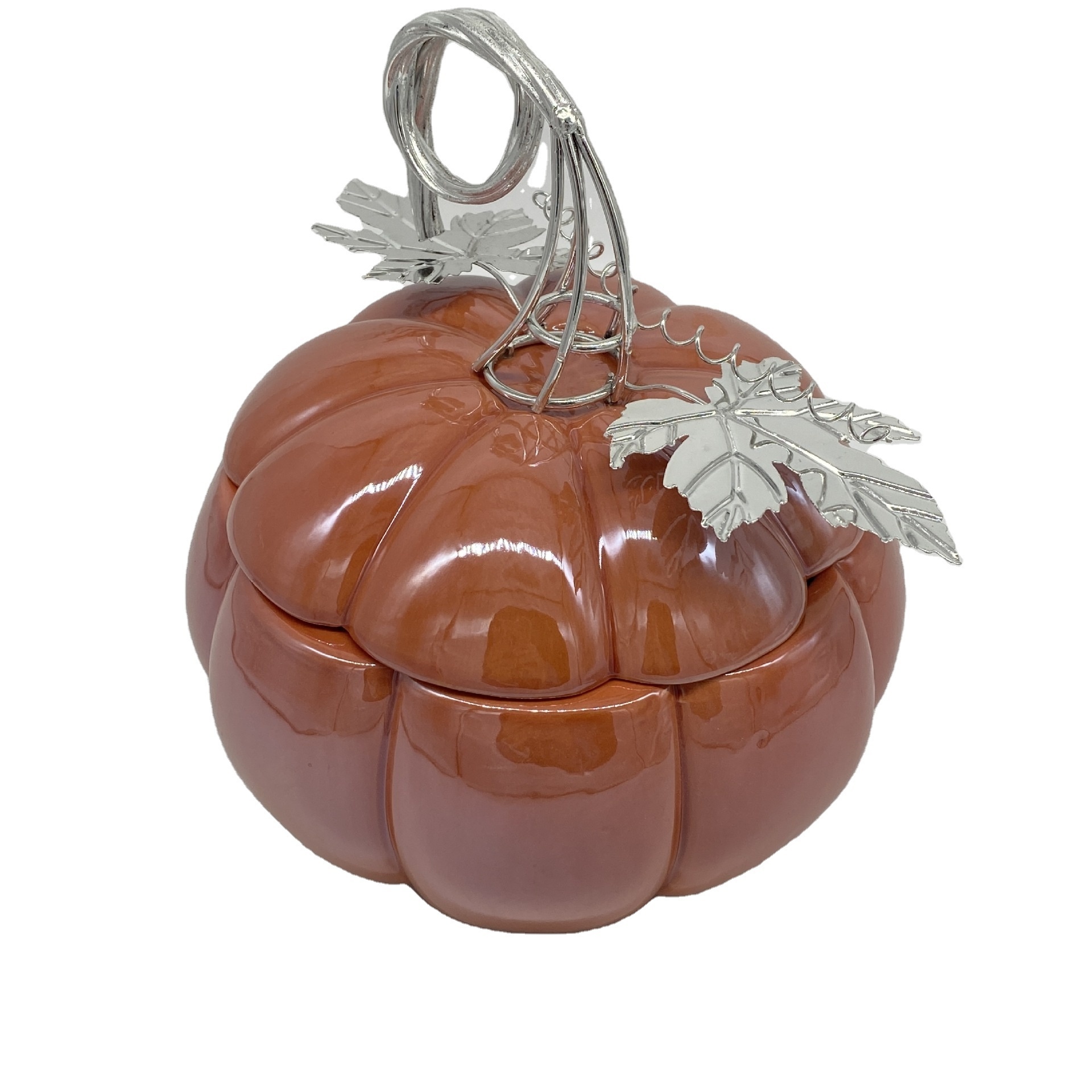 Luxury Halloween Thanksgiving decor custom mason jars ceramic pearl glazed orange pumpkin shaped  candle jars with lid