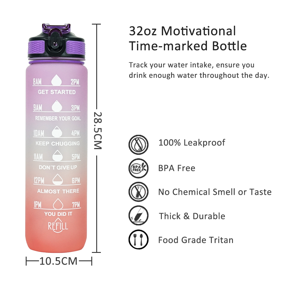 BPA Free 32 oz 1000ml Plastic Sports Bottle Water Leak Proof 1 liter bottle Motivational Water Bottle