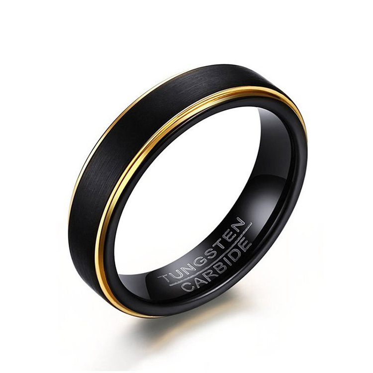 Fine Jewelry Brushed Matte Finish 5mm Thin Gold And Black Tungsten Ring Men Women