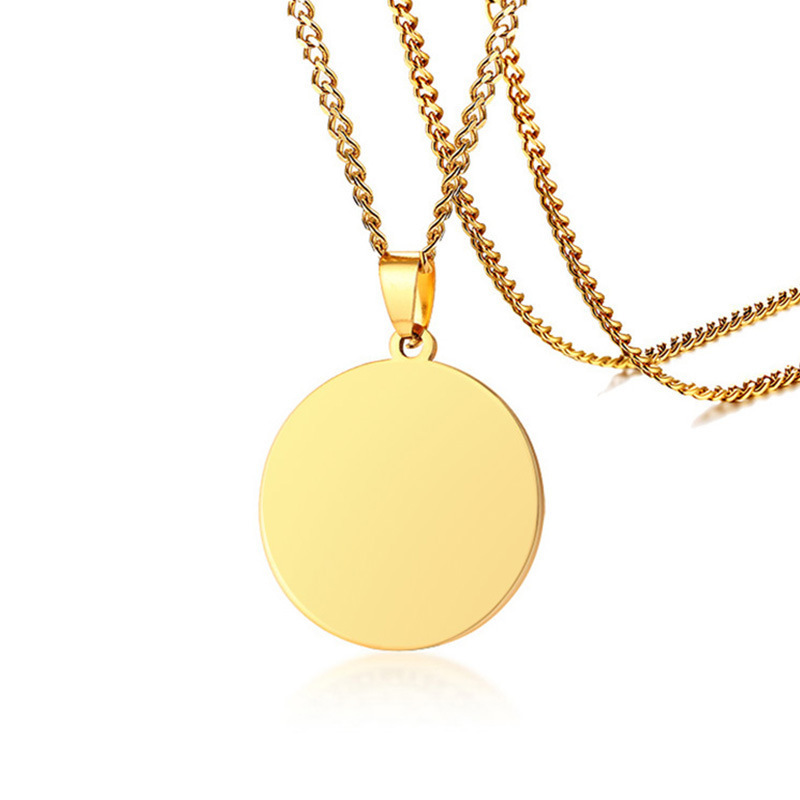 Custom jewelry making engraved logo stainless steel gold plated blank round disc pendant necklace