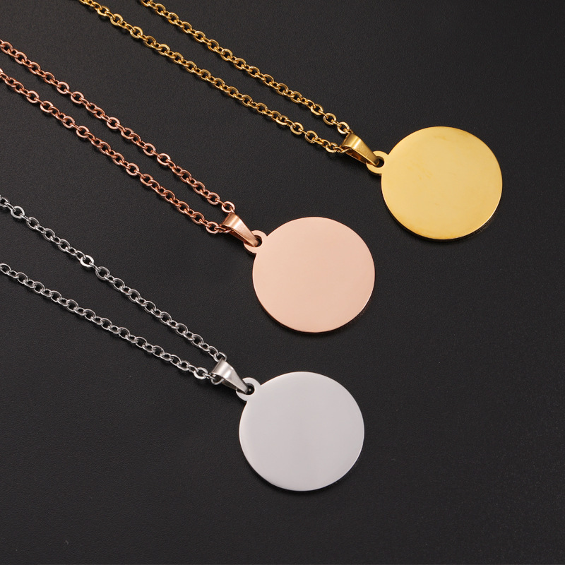 Custom jewelry making engraved logo stainless steel gold plated blank round disc pendant necklace