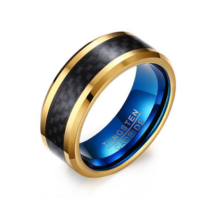 High Quality Luxury Unique Blue Gold Plated Wedding Mens Tungsten Carbon Fiber Ring