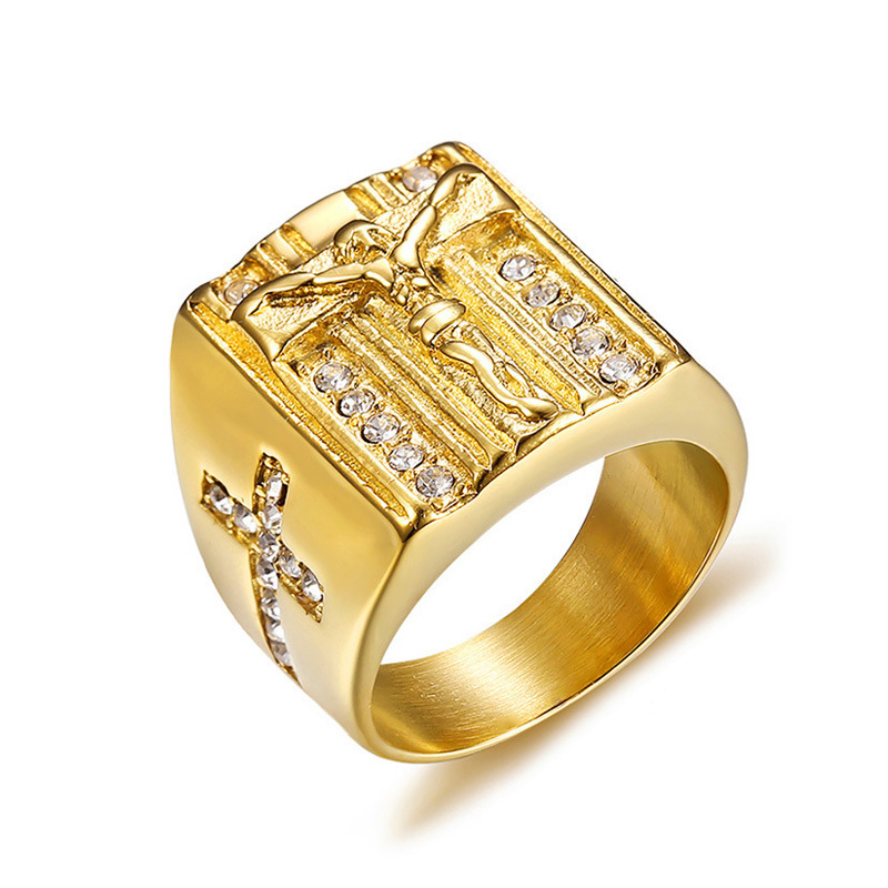 Wholesale Crystal Gold Plated 316l Surgical Stainless Steel Mens Cross Jesus Rings