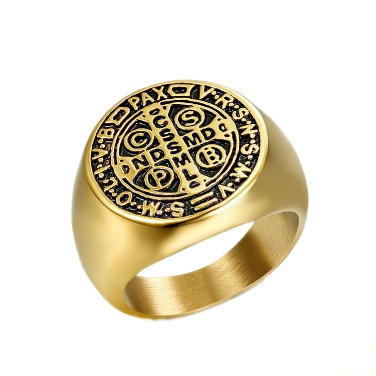 Stainless Steel Saint Benedict Cross Gold Plated Religious Rings Men