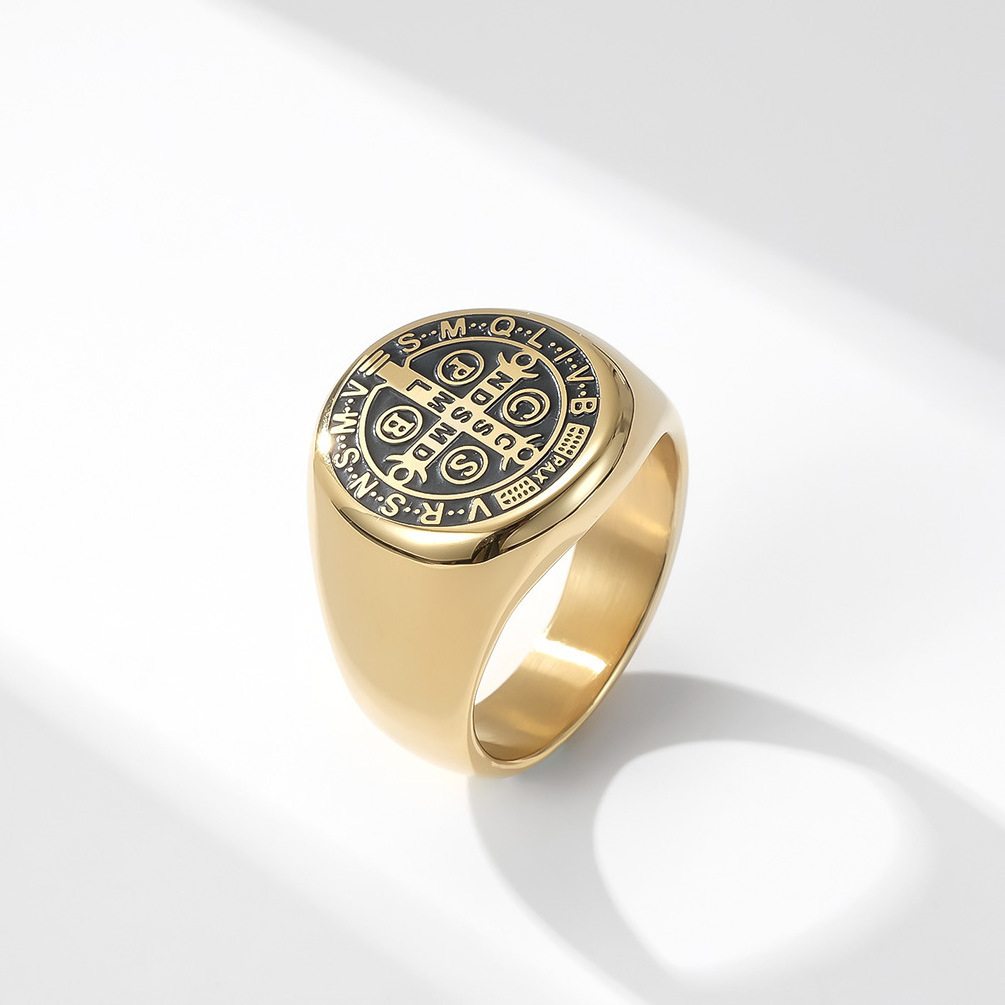 Stainless Steel Saint Benedict Cross Gold Plated Religious Rings Men