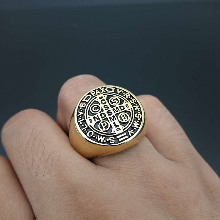 Stainless Steel Saint Benedict Cross Gold Plated Religious Rings Men