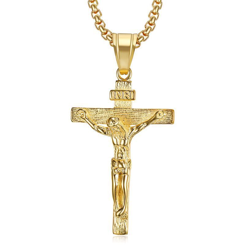 Christian Jewelry Mens Stainless Steel Gold Plated Pendant Croix Jesus Necklace Cross