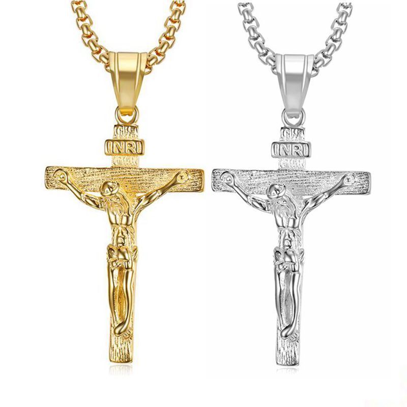 Christian Jewelry Mens Stainless Steel Gold Plated Pendant Croix Jesus Necklace Cross