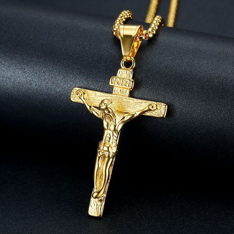 Christian Jewelry Mens Stainless Steel Gold Plated Pendant Croix Jesus Necklace Cross