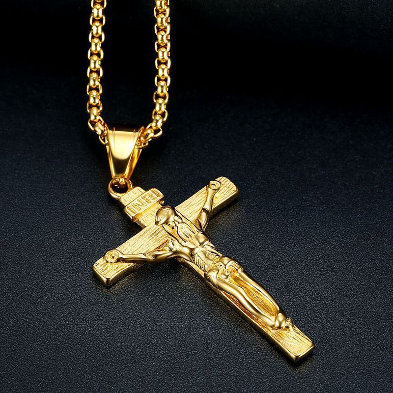 Christian Jewelry Mens Stainless Steel Gold Plated Pendant Croix Jesus Necklace Cross