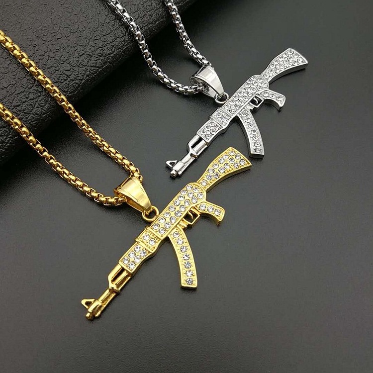 Mens Stainless Steel Iced Out Diamond Hip Hop Fashion Gold Submachine UZI Gun Pendant