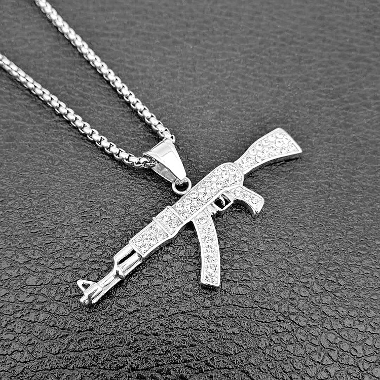 Mens Stainless Steel Iced Out Diamond Hip Hop Fashion Gold Submachine UZI Gun Pendant