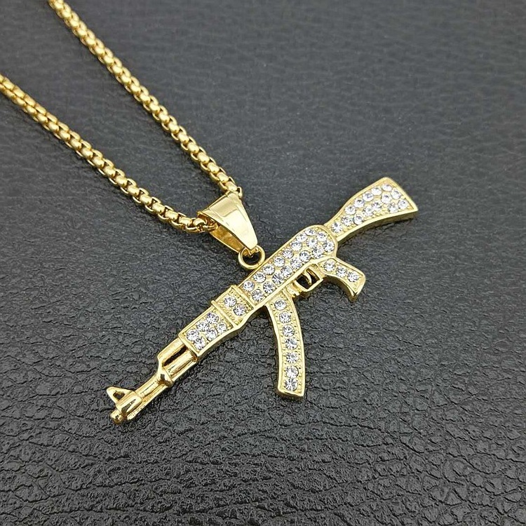 Mens Stainless Steel Iced Out Diamond Hip Hop Fashion Gold Submachine UZI Gun Pendant