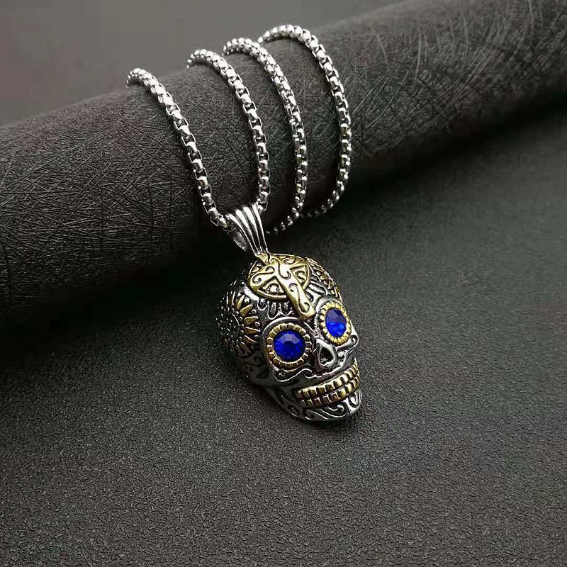 Wholesale Custom Blue Zircon Stone Evil Eye Men Necklace Punk Stainless Steel Skull Pendant