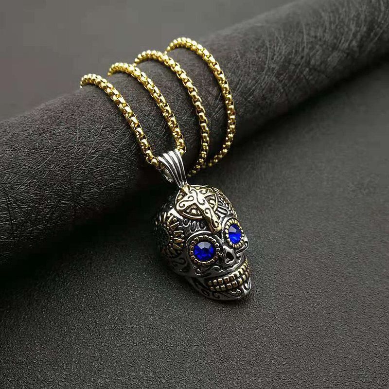 Wholesale Custom Blue Zircon Stone Evil Eye Men Necklace Punk Stainless Steel Skull Pendant