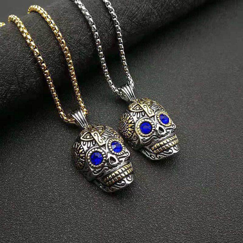 Wholesale Custom Blue Zircon Stone Evil Eye Men Necklace Punk Stainless Steel Skull Pendant