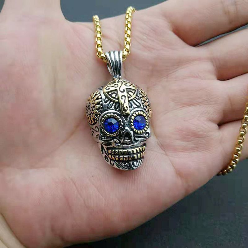 Wholesale Custom Blue Zircon Stone Evil Eye Men Necklace Punk Stainless Steel Skull Pendant