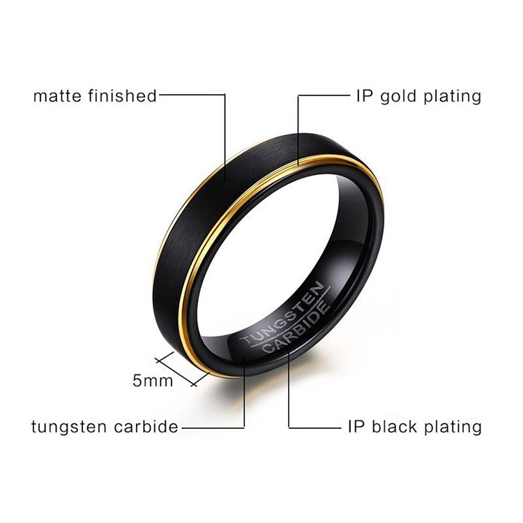 Fine Jewelry Brushed Matte Finish 5mm Thin Gold And Black Tungsten Ring Men Women