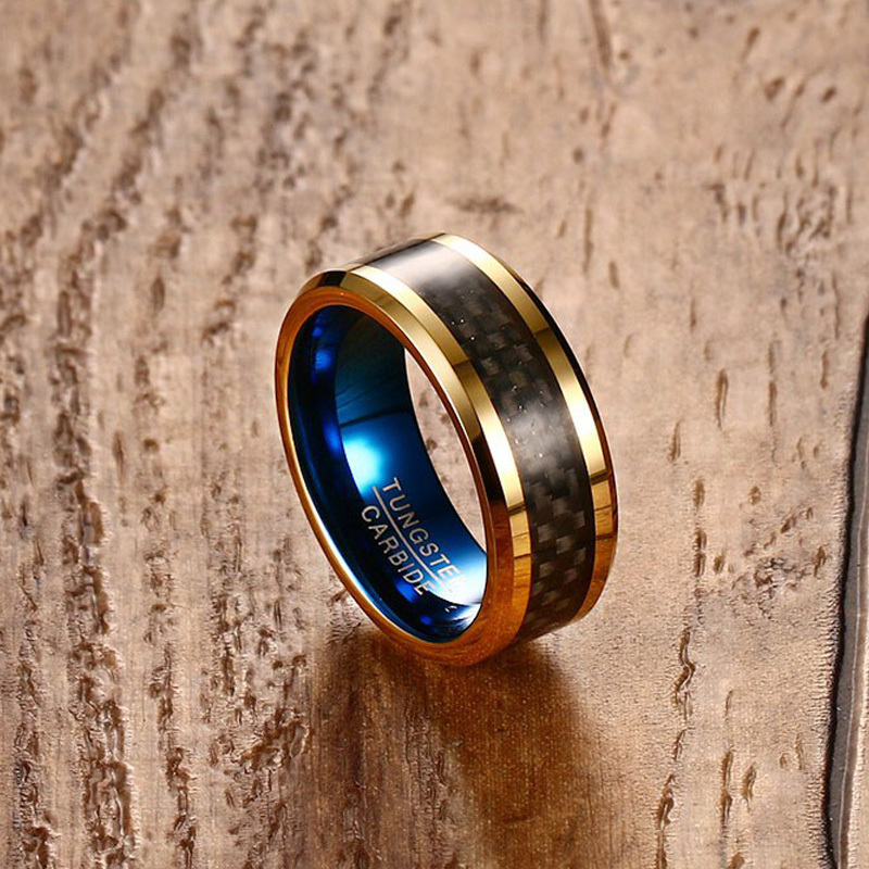 High Quality Luxury Unique Blue Gold Plated Wedding Mens Tungsten Carbon Fiber Ring