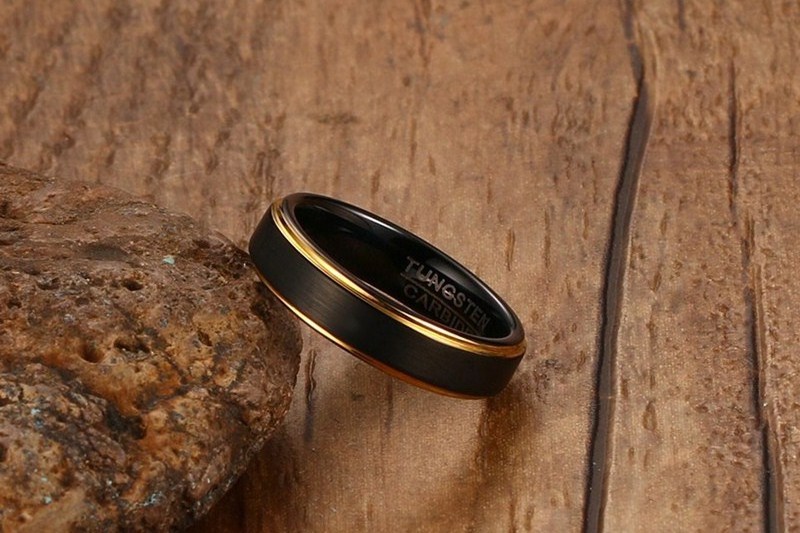 Fine Jewelry Brushed Matte Finish 5mm Thin Gold And Black Tungsten Ring Men Women