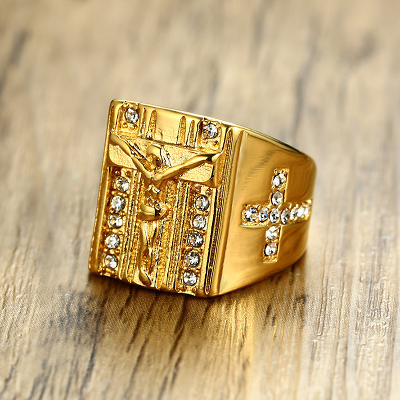 Wholesale Crystal Gold Plated 316l Surgical Stainless Steel Mens Cross Jesus Rings