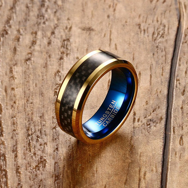 High Quality Luxury Unique Blue Gold Plated Wedding Mens Tungsten Carbon Fiber Ring