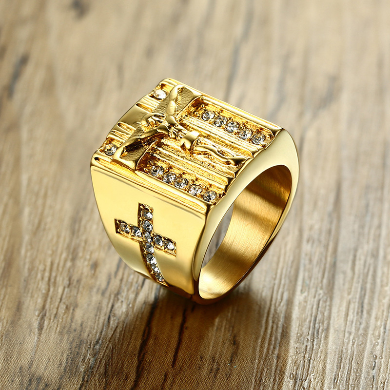 Wholesale Crystal Gold Plated 316l Surgical Stainless Steel Mens Cross Jesus Rings