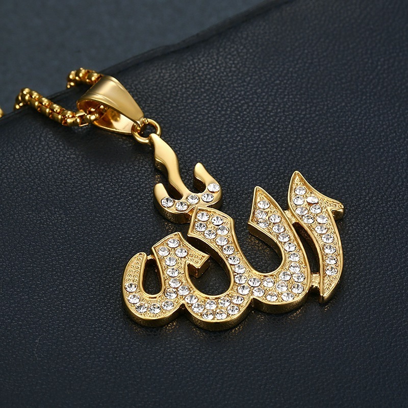 Mens Women Stainless Steel Gold Plated Crystal Rhinestone Muslim Jewelry Arabic Letter Pendant Allah Name Necklace