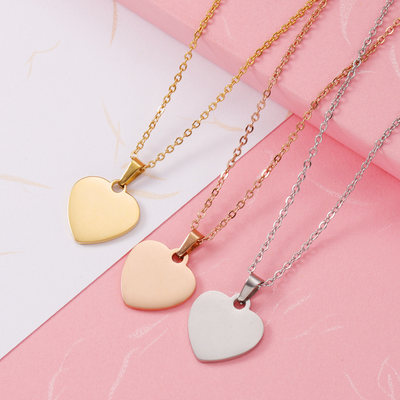 Simple blank stainless steel 18k gold plated engraved disc charm pendant heart shaped necklace for women