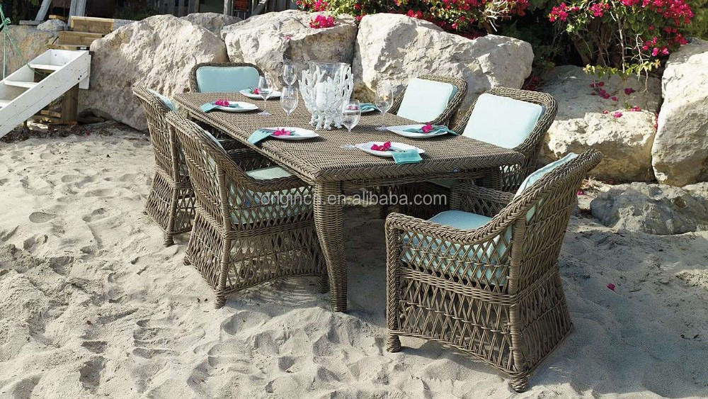 Unique retro style outdoor banquet dining furniture set ratan wicker dinner table set 6 chairs