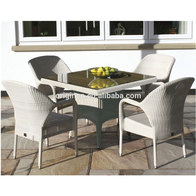 Beautiful Home Restaurant 4 Seater Outdoor Patio Furniture Cozy Armchair White Rattan Dining Table Set