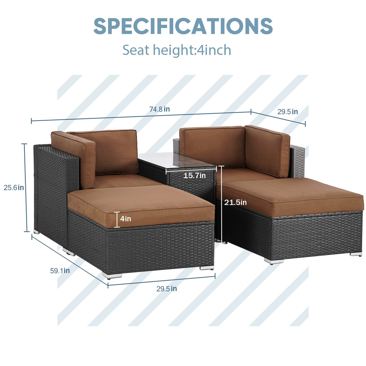 Outdoor Patio Furniture Lounge Dark Brown Cushions Black Brown Wicker Sectional Sofa Coffee Tables Set