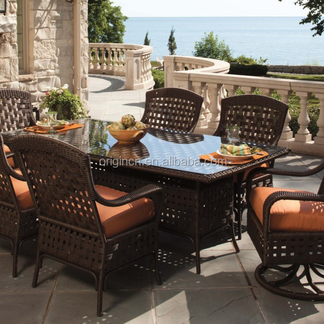 Luxury Designed 6 Seater Swivel Chairs Outdoor Patio Furniture Dining Set Wide Rattan Covered Chairs For Hotel Used